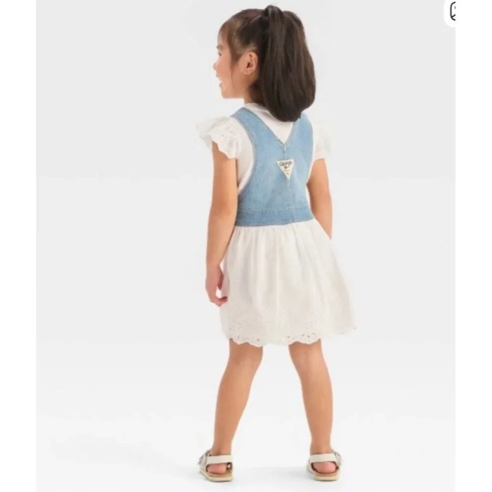 OshKosh B’gosh Denim Pinafore Eyelet Dress Toddler 2T Blue White